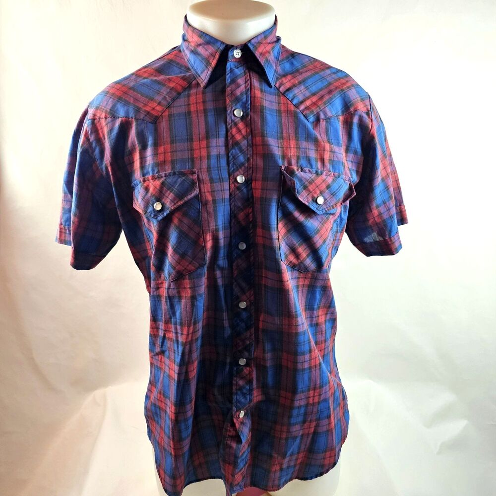 Open Trails Western Shirt Mens Medium Red Blue Plaid Pearl Snap Cowboy